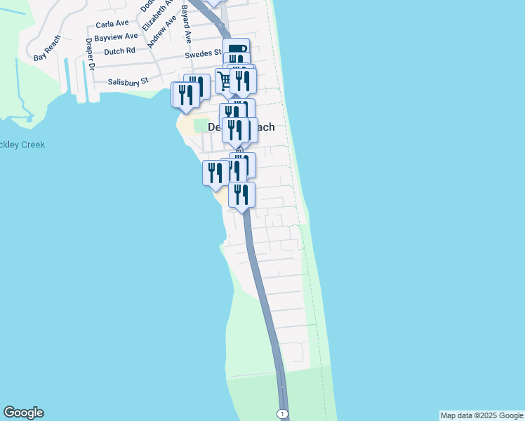 map of restaurants, bars, coffee shops, grocery stores, and more near 100 Vandyke Street in Dewey Beach