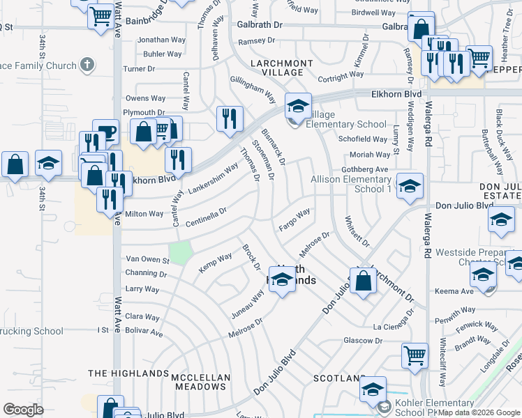 map of restaurants, bars, coffee shops, grocery stores, and more near 6628 Thomas Drive in North Highlands