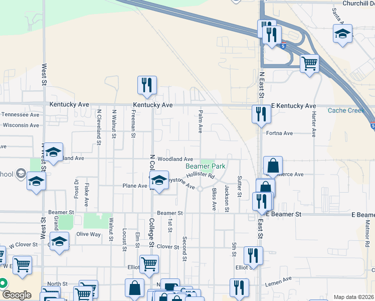 map of restaurants, bars, coffee shops, grocery stores, and more near 700 Ariel Way in Woodland