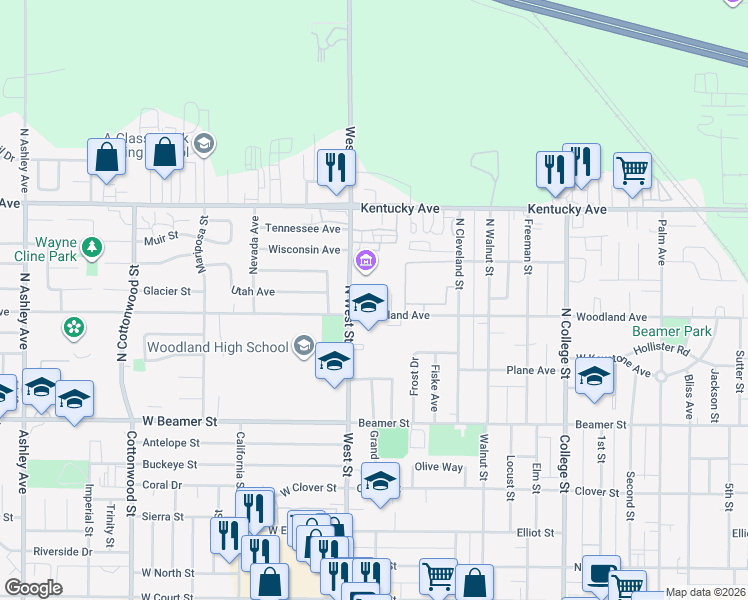 map of restaurants, bars, coffee shops, grocery stores, and more near 15 Woodland Avenue in Woodland