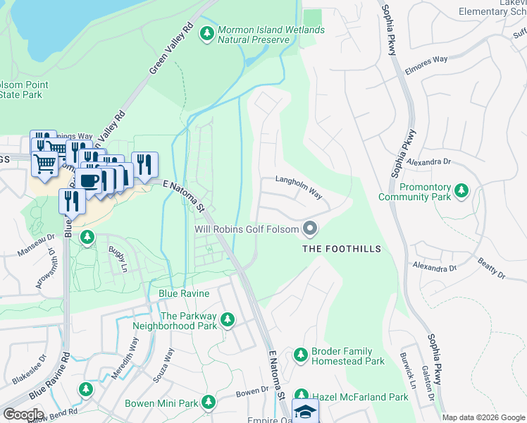 map of restaurants, bars, coffee shops, grocery stores, and more near 1284 Freswick Drive in Folsom