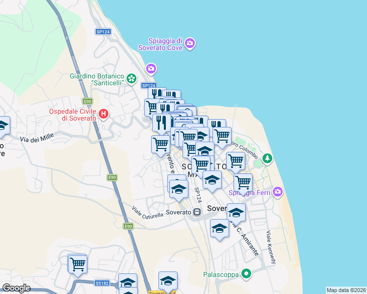 map of restaurants, bars, coffee shops, grocery stores, and more near 10 Via San Maria in Soverato