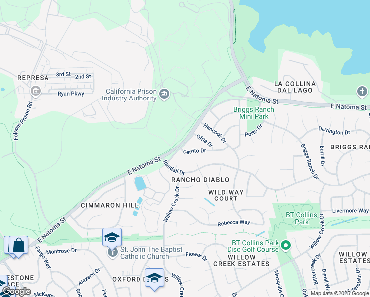 map of restaurants, bars, coffee shops, grocery stores, and more near 121 Ofria Drive in Folsom