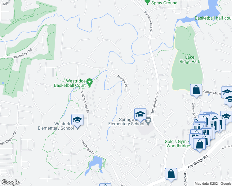 map of restaurants, bars, coffee shops, grocery stores, and more near 12319 Manchester Way in Woodbridge