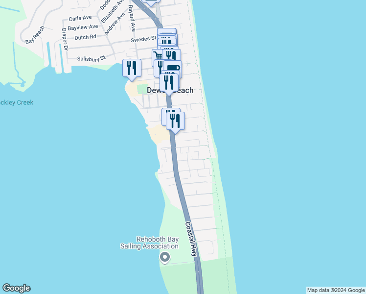 map of restaurants, bars, coffee shops, grocery stores, and more near 100 Vandyke Street in Dewey Beach