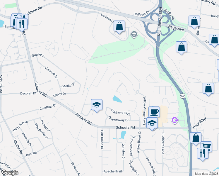 map of restaurants, bars, coffee shops, grocery stores, and more near 1737 Willowbrooke Manors Court in St. Louis
