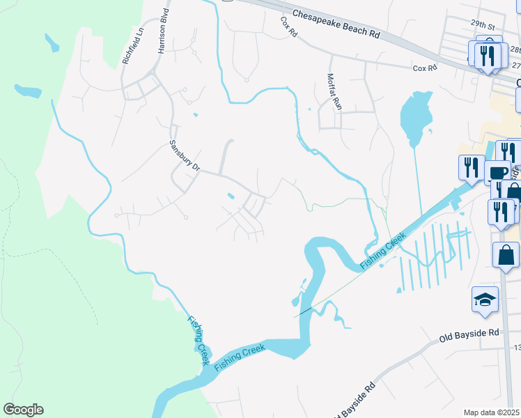 map of restaurants, bars, coffee shops, grocery stores, and more near 8049 Forest Ridge Drive in Chesapeake Beach