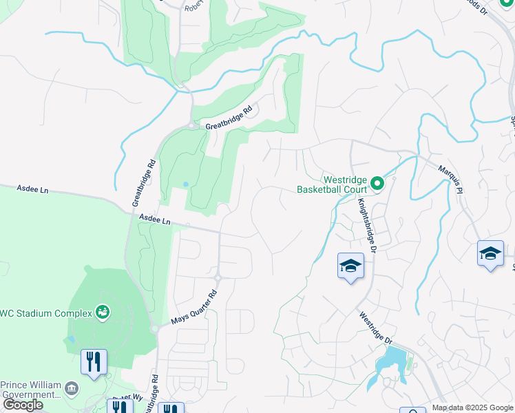 map of restaurants, bars, coffee shops, grocery stores, and more near 12265 Tideswell Mill Court in Woodbridge