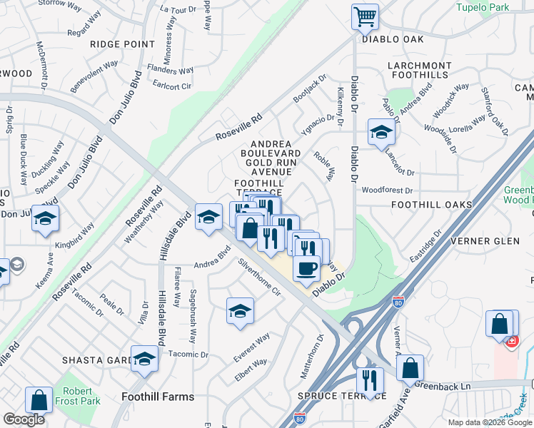 map of restaurants, bars, coffee shops, grocery stores, and more near 5227 Andrea Boulevard in Sacramento
