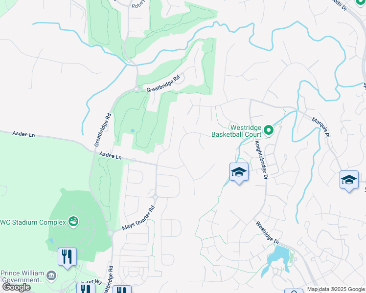 map of restaurants, bars, coffee shops, grocery stores, and more near 12265 Tideswell Mill Court in Woodbridge