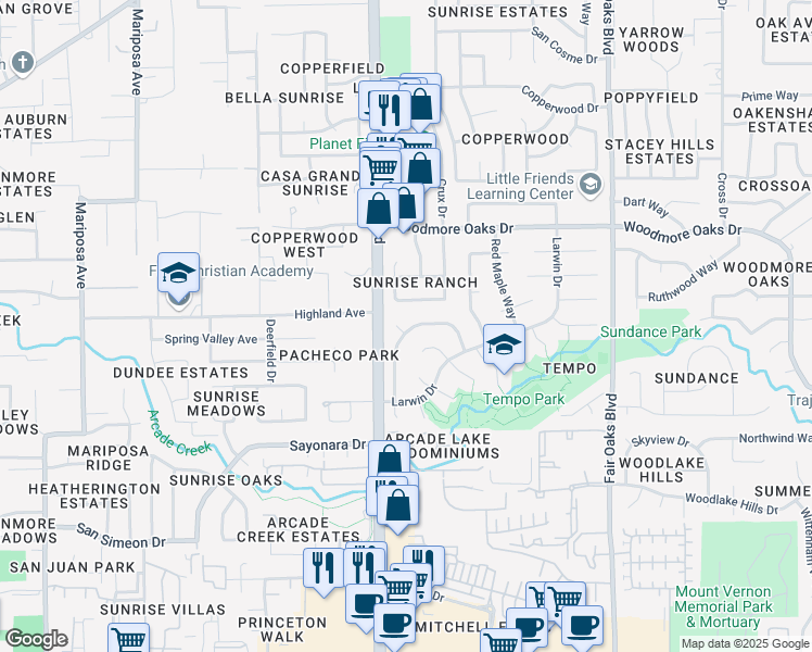map of restaurants, bars, coffee shops, grocery stores, and more near 6801 Sugar Maple Way in Citrus Heights