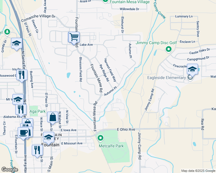 map of restaurants, bars, coffee shops, grocery stores, and more near 609 Rye Ridge Road in Fountain