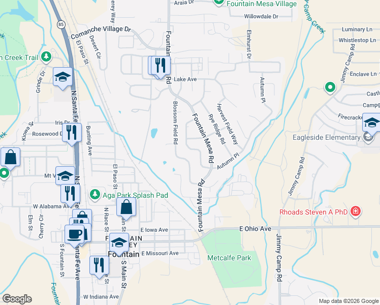 map of restaurants, bars, coffee shops, grocery stores, and more near 665 Autumn Place in Fountain