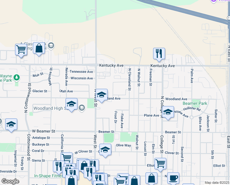 map of restaurants, bars, coffee shops, grocery stores, and more near 135 Woodland Avenue in Woodland