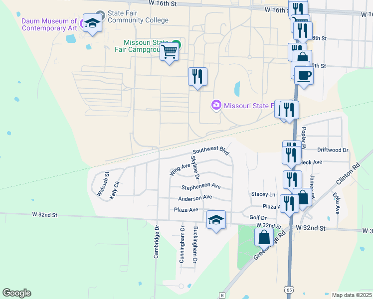 map of restaurants, bars, coffee shops, grocery stores, and more near Katy Trail in Sedalia