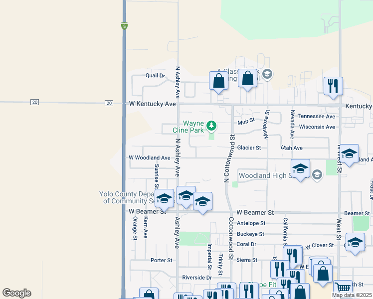 map of restaurants, bars, coffee shops, grocery stores, and more near 225 Cascade Street in Woodland