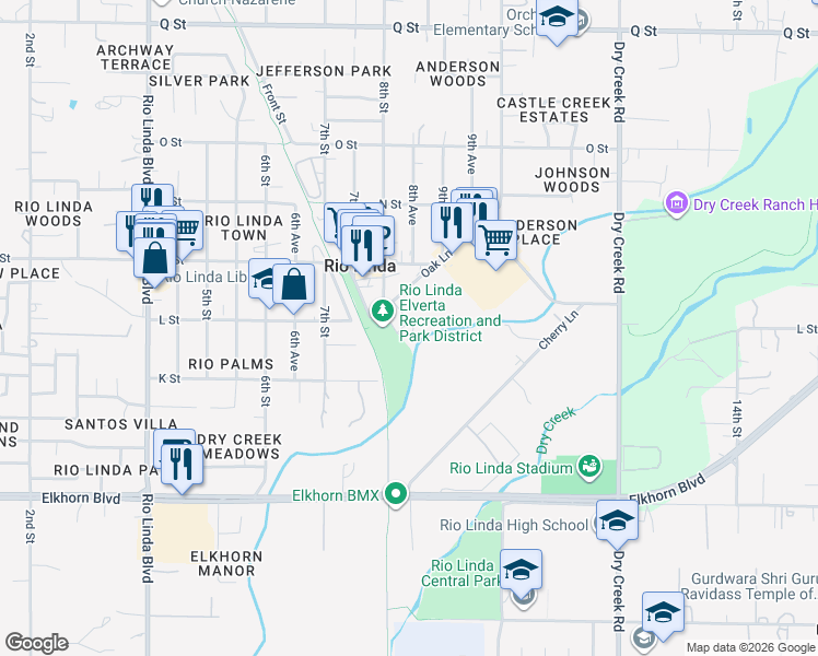 map of restaurants, bars, coffee shops, grocery stores, and more near 804 Oak Lane in Rio Linda