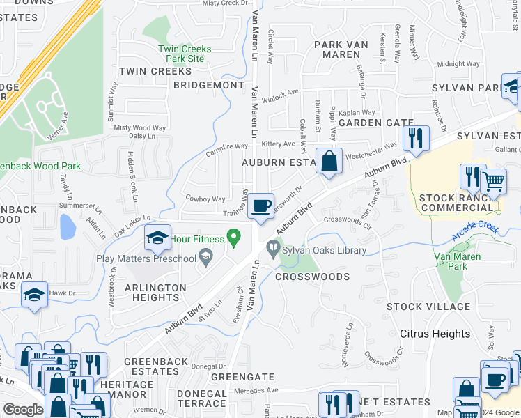 map of restaurants, bars, coffee shops, grocery stores, and more near 6806 Van Maren Lane in Citrus Heights