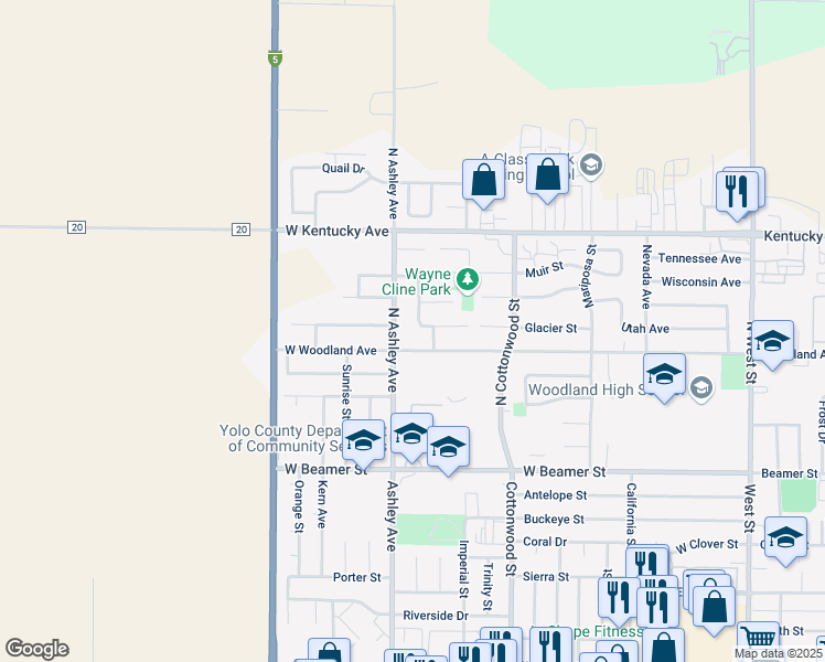 map of restaurants, bars, coffee shops, grocery stores, and more near 225 Cascade Street in Woodland