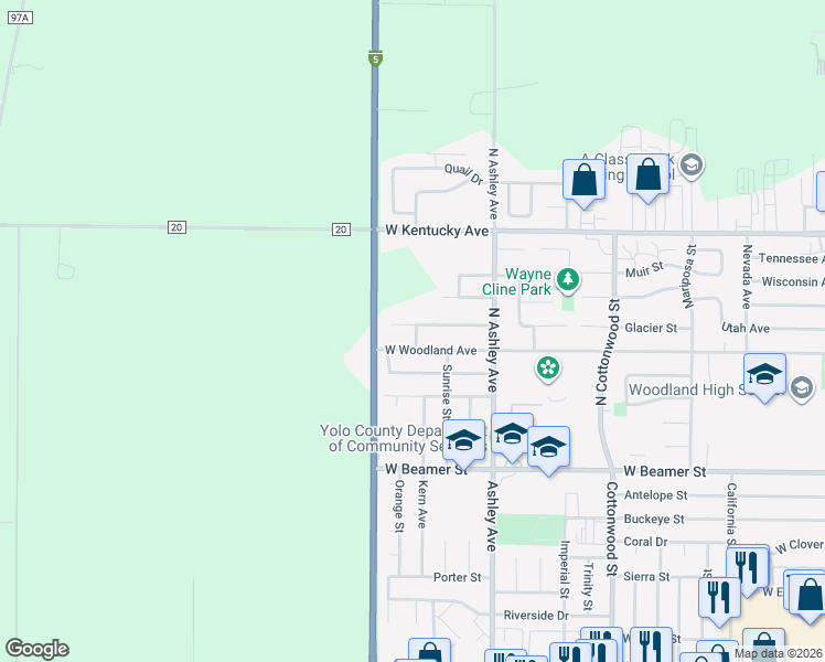 map of restaurants, bars, coffee shops, grocery stores, and more near 372 El Capitan Drive in Woodland