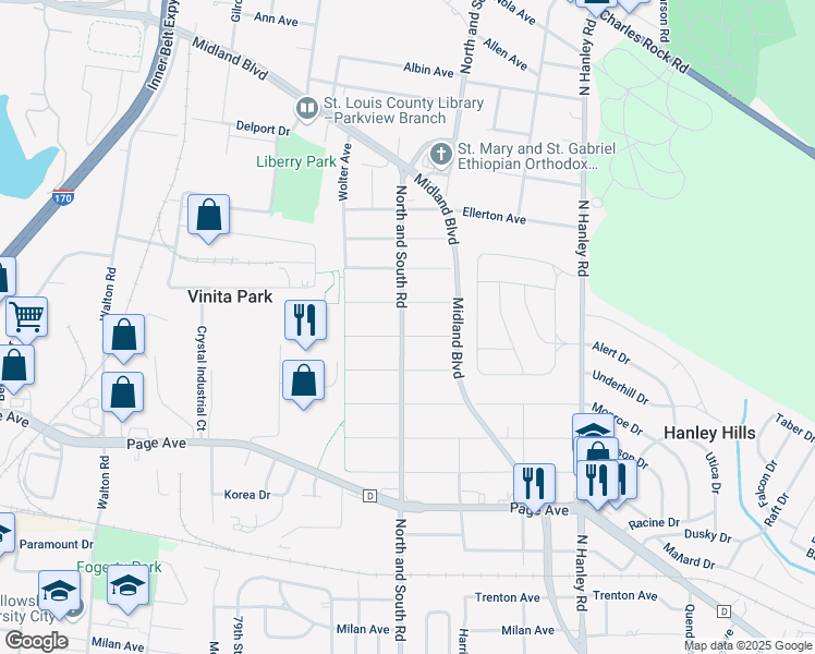map of restaurants, bars, coffee shops, grocery stores, and more near 8300 Buchanan Avenue in St. Louis
