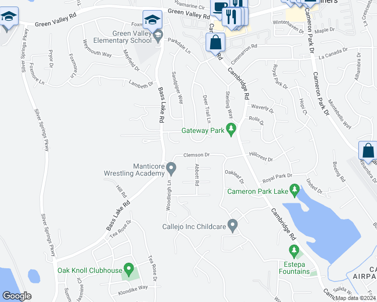 map of restaurants, bars, coffee shops, grocery stores, and more near 2839 Clemson Drive in Cameron Park