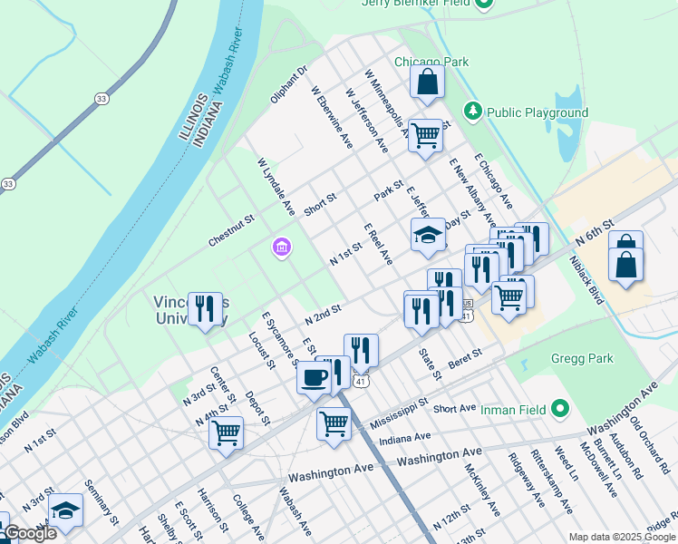map of restaurants, bars, coffee shops, grocery stores, and more near 1841-1899 North 1st Street in Vincennes
