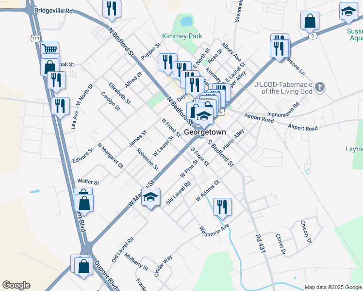 map of restaurants, bars, coffee shops, grocery stores, and more near 104 West Market Street in Georgetown