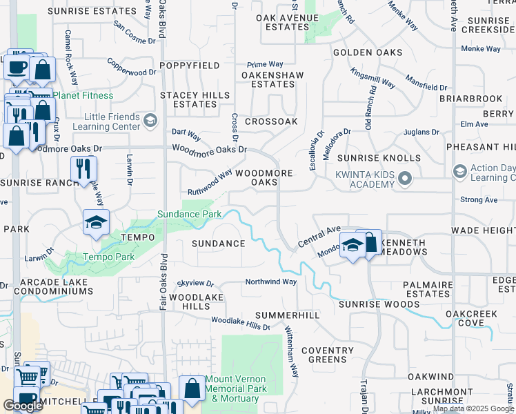 map of restaurants, bars, coffee shops, grocery stores, and more near 8120 Highwood Way in Orangevale