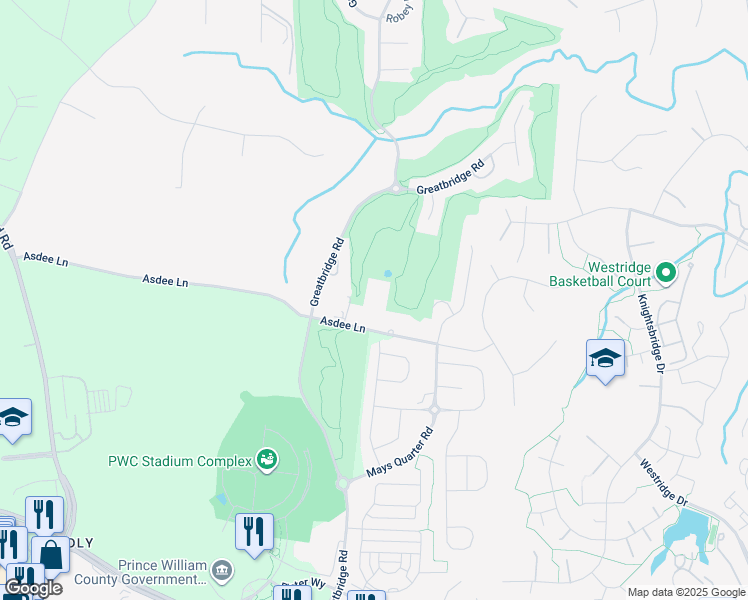 map of restaurants, bars, coffee shops, grocery stores, and more near 4636 Asdee Lane in Woodbridge