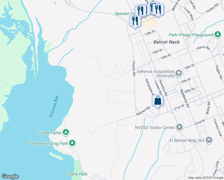 map of restaurants, bars, coffee shops, grocery stores, and more near Tracy Loop in Fort Belvoir