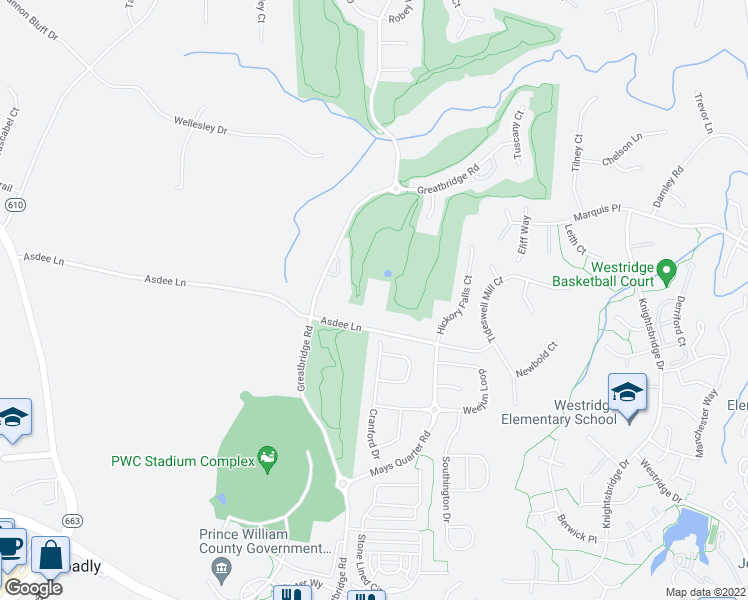 map of restaurants, bars, coffee shops, grocery stores, and more near 4636 Asdee Lane in Woodbridge