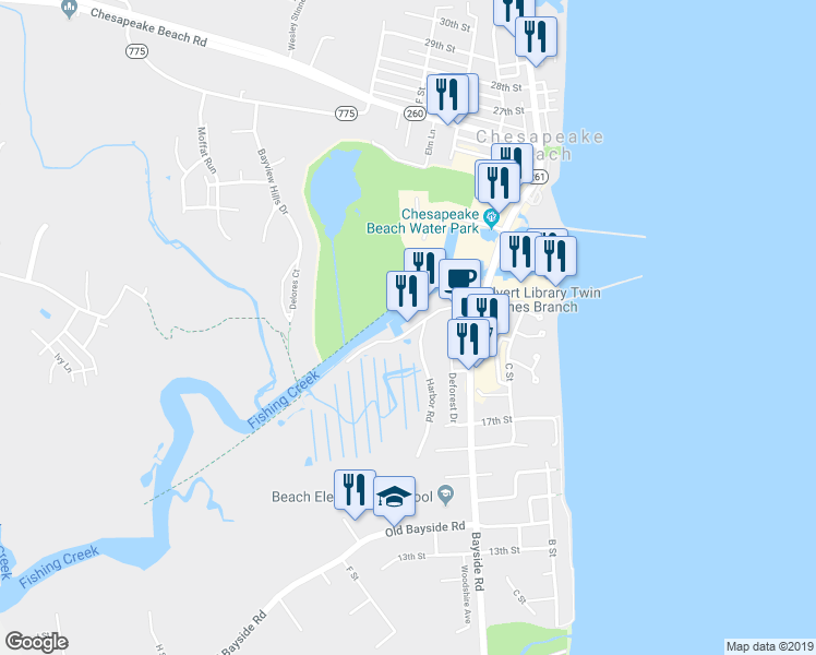 map of restaurants, bars, coffee shops, grocery stores, and more near 3725 Harbor Road in Chesapeake Beach