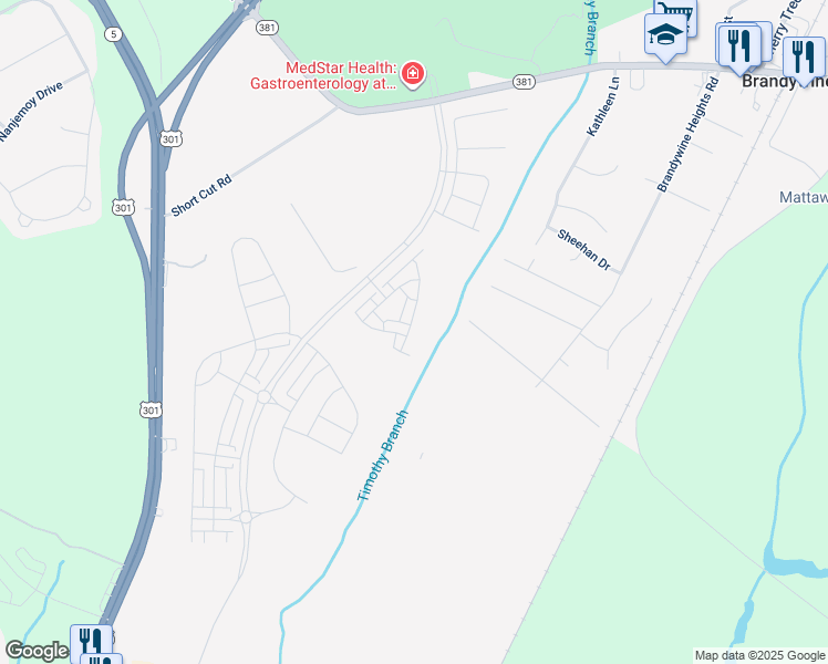 map of restaurants, bars, coffee shops, grocery stores, and more near 14512 Grace Kellen Avenue in Brandywine