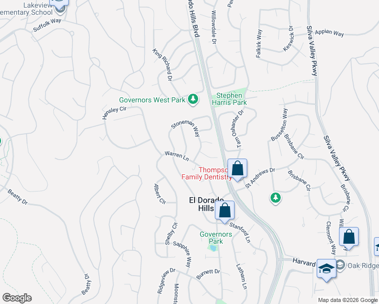 map of restaurants, bars, coffee shops, grocery stores, and more near 940 Stoneman Way in Folsom