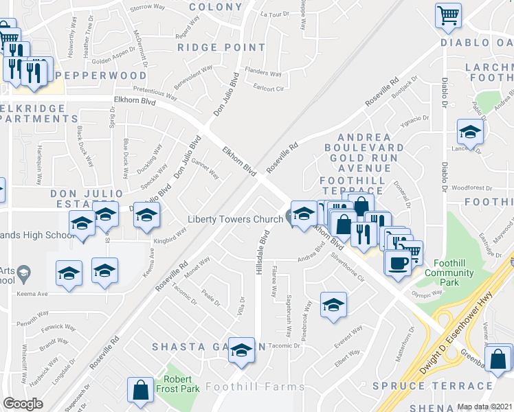 map of restaurants, bars, coffee shops, grocery stores, and more near 4901 Sako Court in Sacramento
