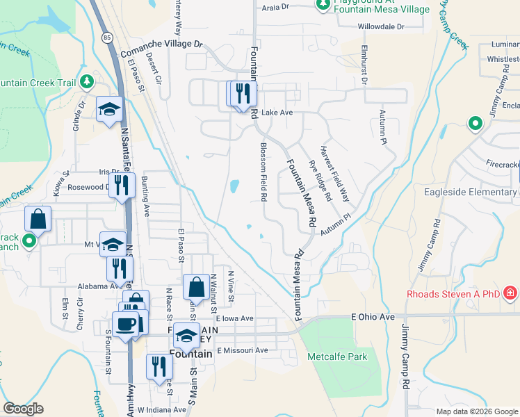 map of restaurants, bars, coffee shops, grocery stores, and more near 900 Pond Terrace in Fountain