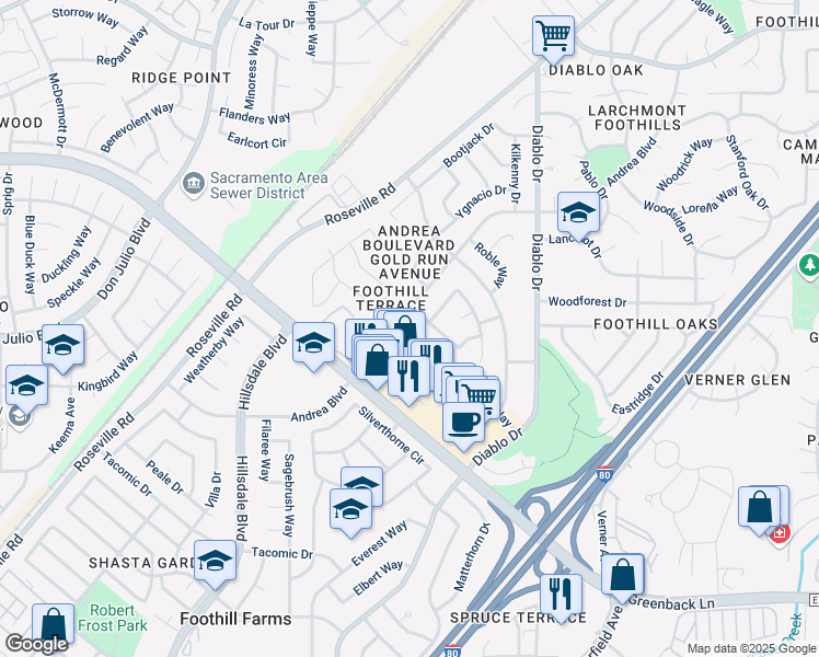 map of restaurants, bars, coffee shops, grocery stores, and more near 6757 Leatherwood Way in Sacramento