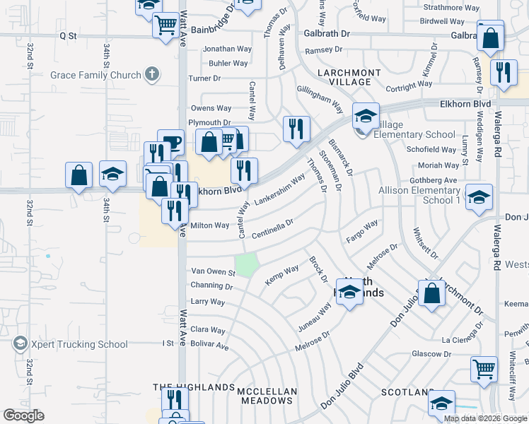 map of restaurants, bars, coffee shops, grocery stores, and more near 6741 Cantel Way in North Highlands