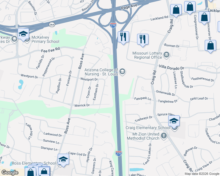 map of restaurants, bars, coffee shops, grocery stores, and more near 12380 Harundale Court in St. Louis