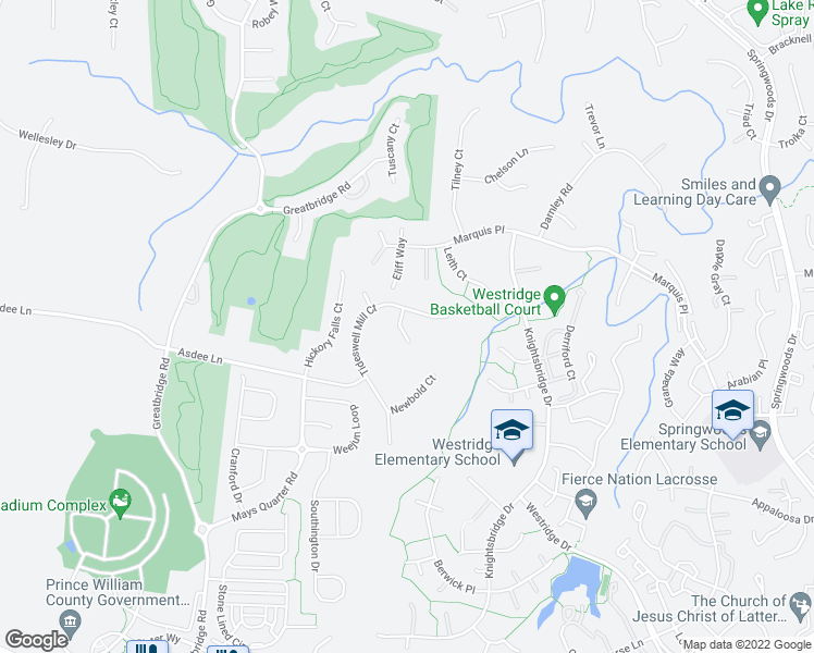 map of restaurants, bars, coffee shops, grocery stores, and more near 4312 Stretton Farm Court in Woodbridge