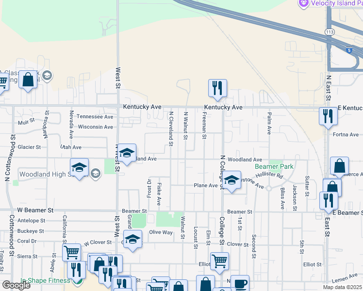 map of restaurants, bars, coffee shops, grocery stores, and more near 217 North Walnut Street in Woodland
