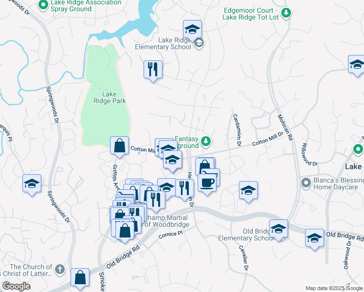 map of restaurants, bars, coffee shops, grocery stores, and more near 3428 Caledonia Circle in Woodbridge