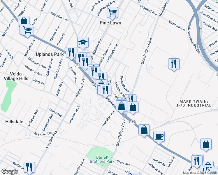 map of restaurants, bars, coffee shops, grocery stores, and more near 5947 Ferris Avenue in St. Louis