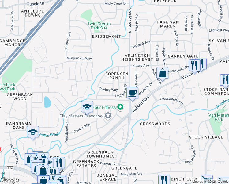 map of restaurants, bars, coffee shops, grocery stores, and more near 6600 Cowboy Way in Citrus Heights