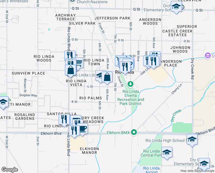 map of restaurants, bars, coffee shops, grocery stores, and more near 631 L Street in Rio Linda
