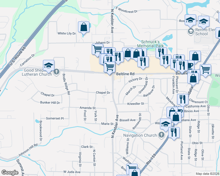 map of restaurants, bars, coffee shops, grocery stores, and more near 1468 North Keebler Avenue in Collinsville