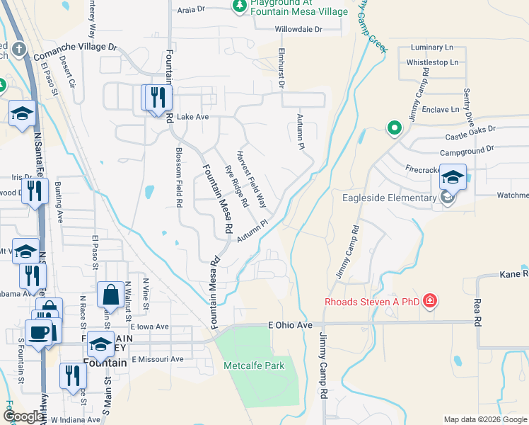 map of restaurants, bars, coffee shops, grocery stores, and more near 605 Harvest Field Way in Fountain