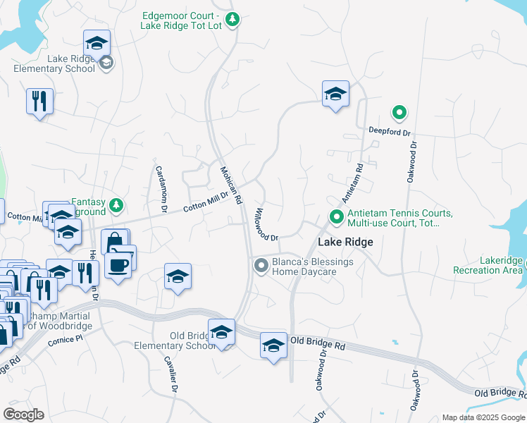 map of restaurants, bars, coffee shops, grocery stores, and more near 12012 Willowood Drive in Woodbridge