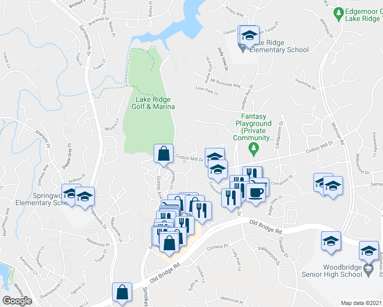 map of restaurants, bars, coffee shops, grocery stores, and more near 3599 Ashby Court in Lake Ridge